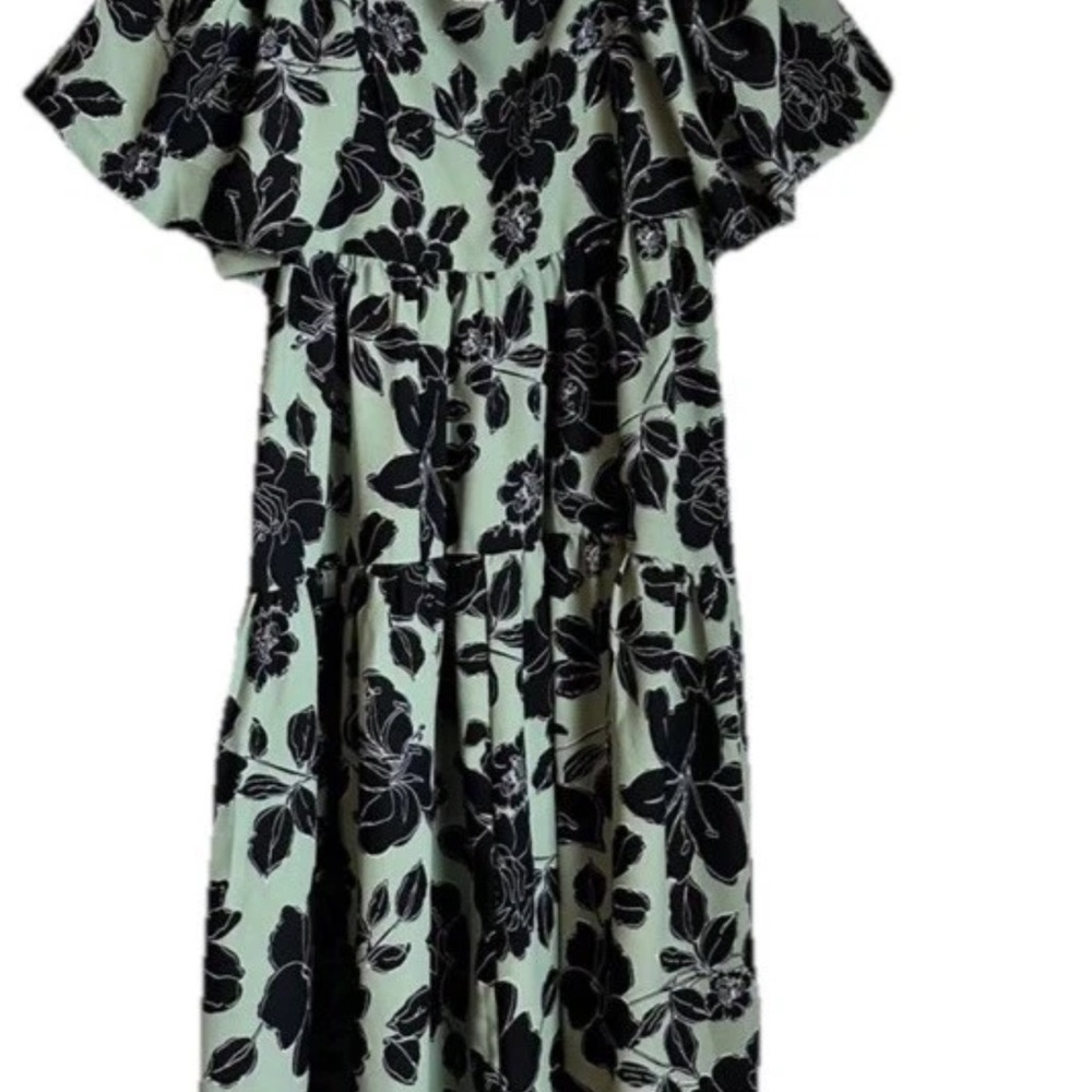 Sage Green Black Floral Midi Dress Boho Flutter Sleeve Square Neck Size Large